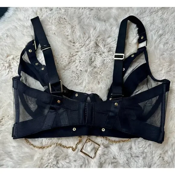 Honey Birdette INDRIA🖤 Black & Gold FULL 3 Piece Set 32H, L Garter, M Thong